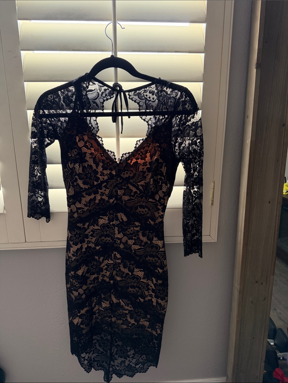 bebe Black Lace Long-Sleeve Sheath Dress with Nude Lining